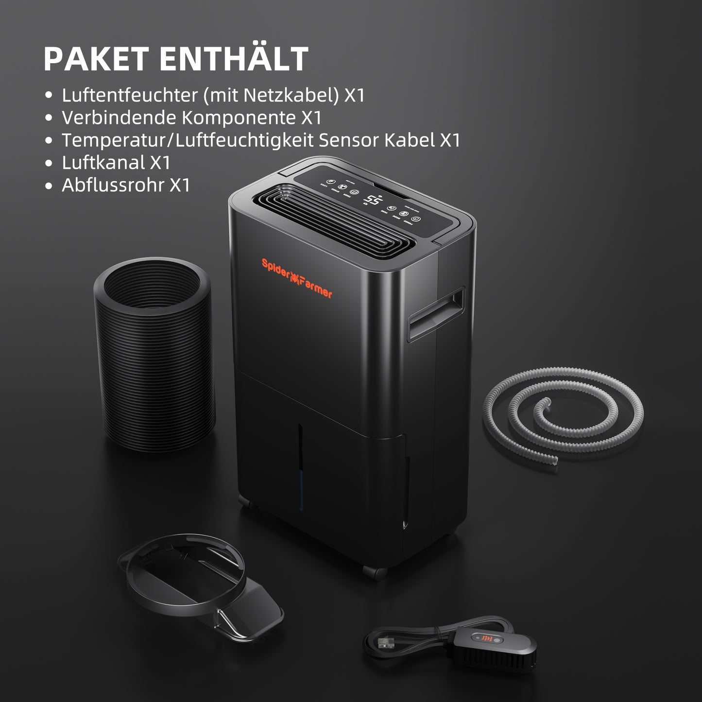 Spider Farmer ontvochtiger met continue afvoer | Spider Farmer dehumidifier with continuous drainage | Spider Farmer Luftentfeuchter mit Dauerablauf