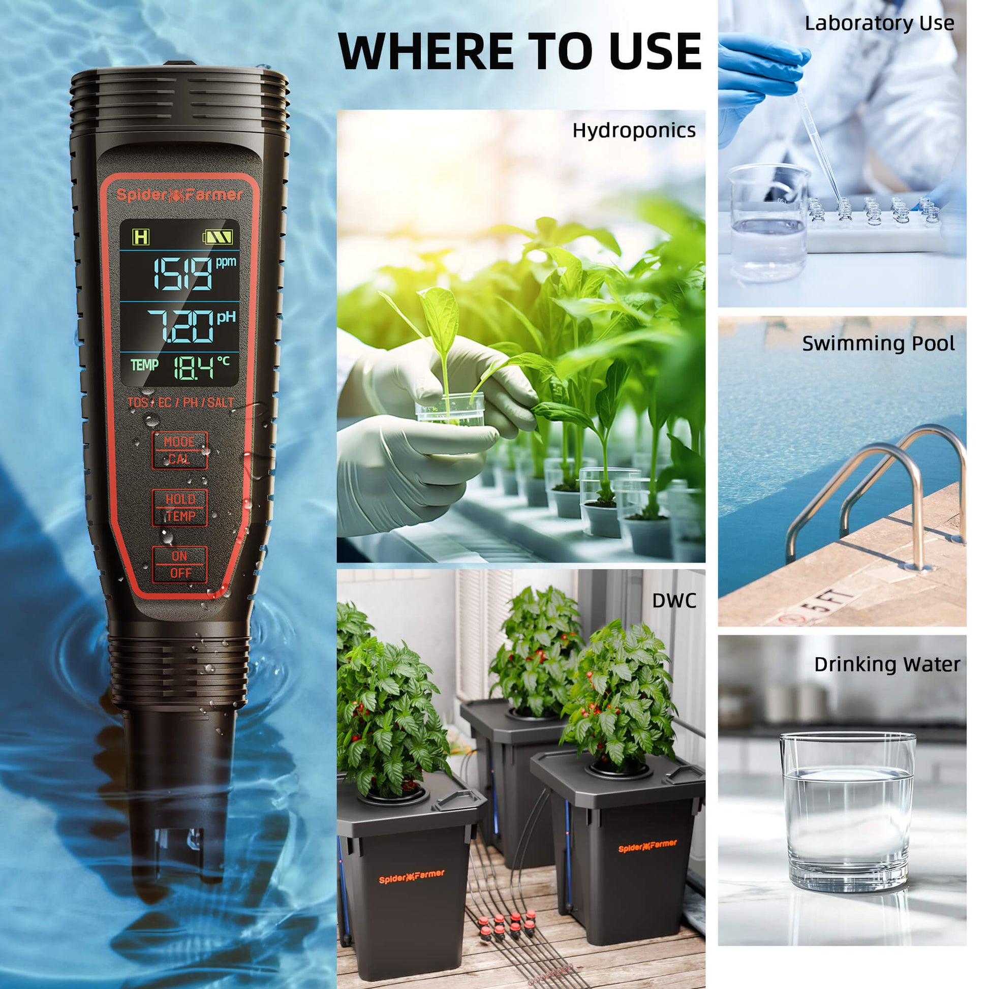 Spider Farmer digitale waterkwaliteit meter voor indoor planten | Spider Farmer digital water quality meter for indoor plants | Spider Farmer digitales Wasserqualitätsmessgerät für Indoor-Pflanzen
