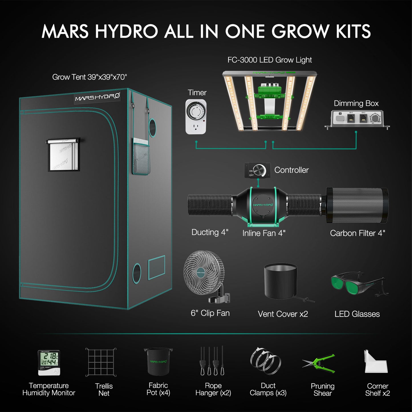 Mars Hydro Growers Kit FC 3000 EVO Full Grow 100x100x180cm met Speed Controller