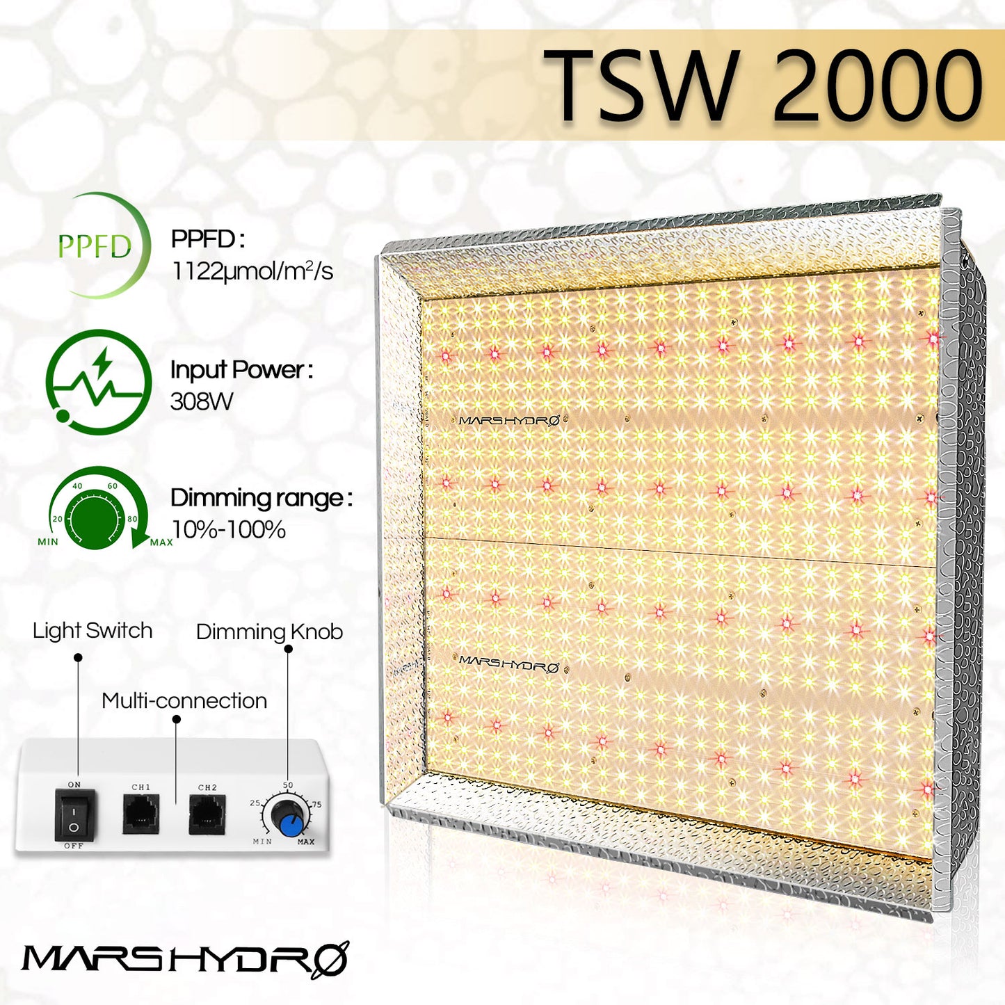 MARS HYDRO TSW 2000 (dimbaar) 2.6µmol/J 300W LED bloeilamp/kweeklamp