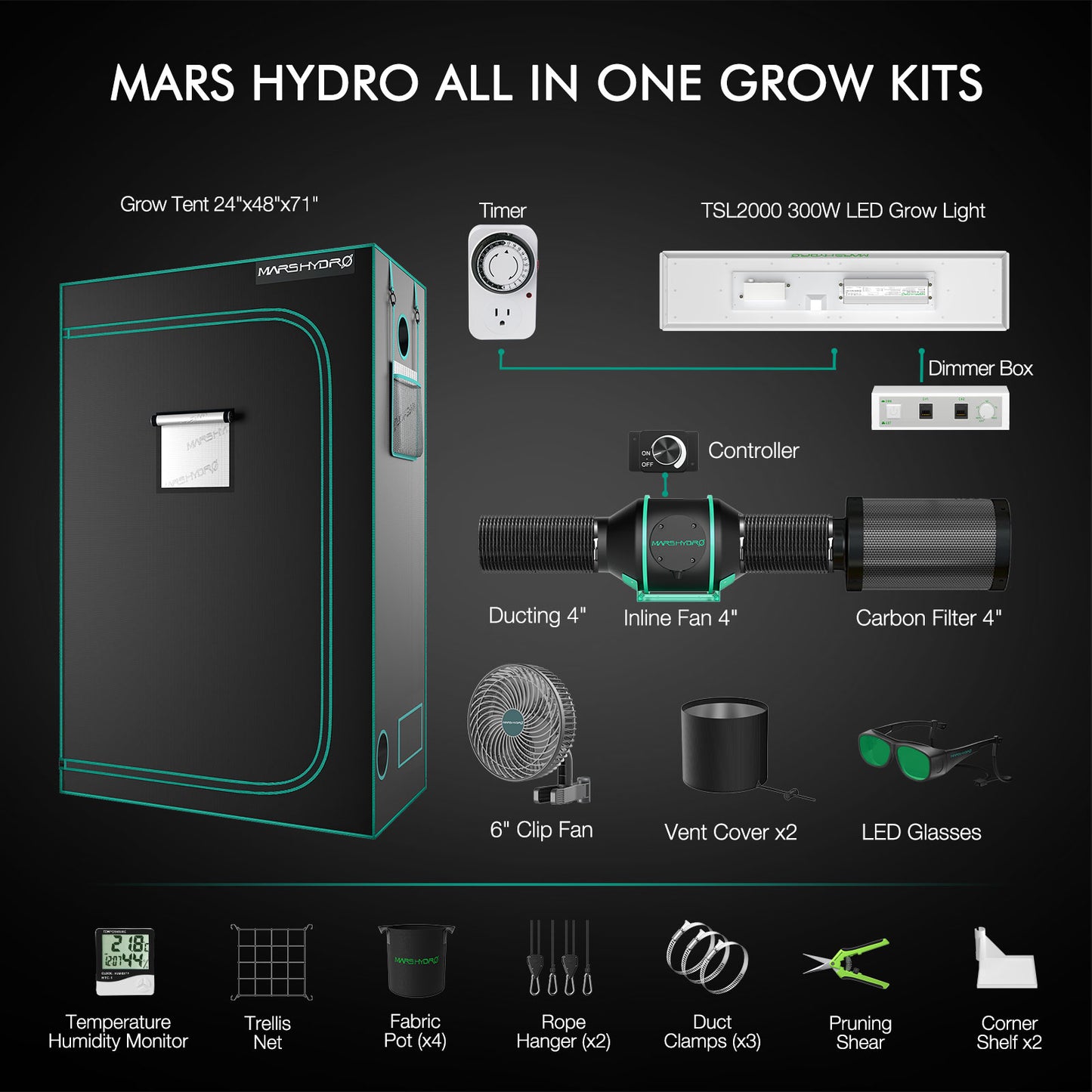 Mars Hydro Growers Kit TSL2000 Full Grow 120x60x180 met Speed Controller